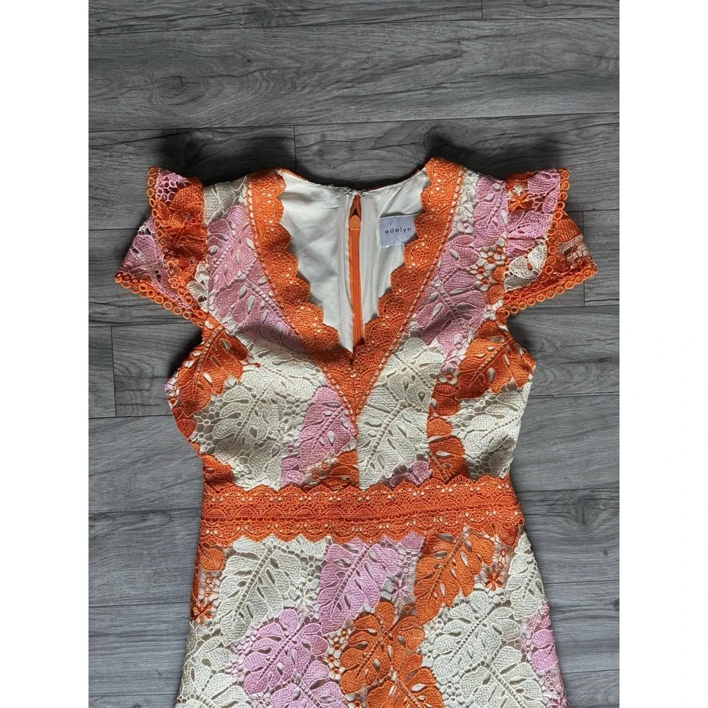 Adelyn Rae Crochet Lace Midi Dress XS Floral Orange Pink Boho‎ V-Neck